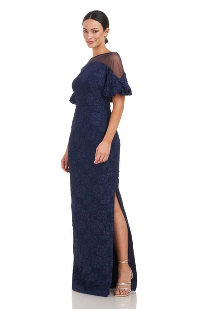 Js Collections Janessa Floral Mesh Column Gown In Navy