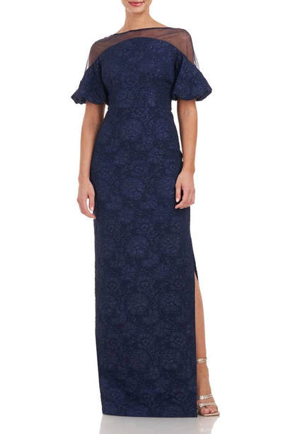 Js Collections Janessa Floral Mesh Column Gown In Navy