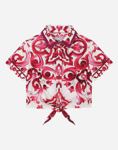 Shop Dolce & Gabbana Poplin Shirt With Short Sleeves And Majolica Print In Multicolor
