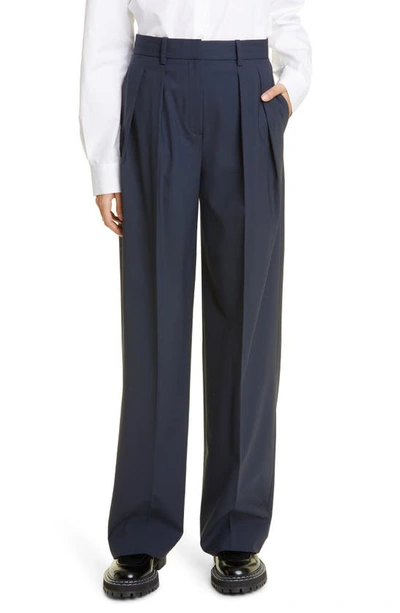 Shop Theory New T Double Pleated Stretch Wool Pants In Nocturne Navy