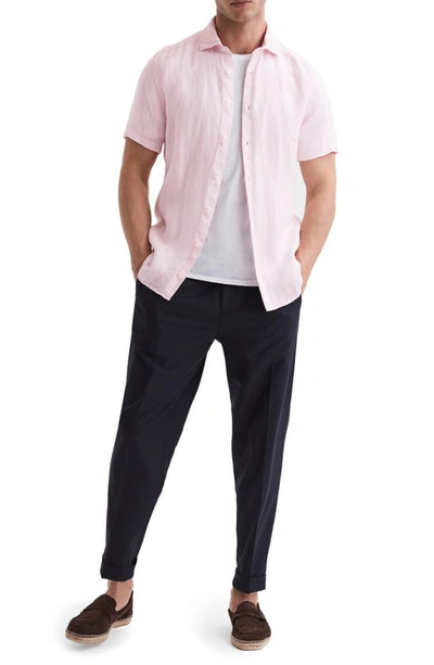 Shop Reiss Holiday Short Sleeve Linen Button-up Shirt In Pink