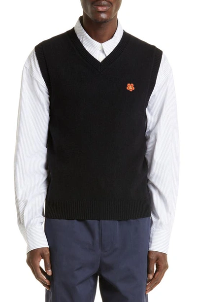 Shop Kenzo Embroidered Boke Flower Crest V-neck Wool Sweater Vest In Black