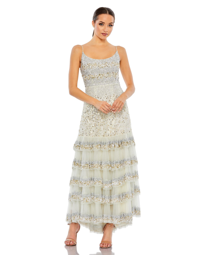 Shop Mac Duggal Embellished Scoop Neck Tiered Gown In Champagne