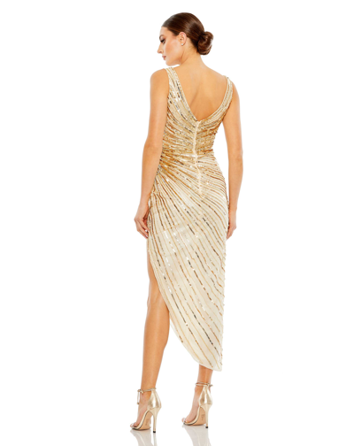 Shop Mac Duggal Sequined Faux Wrap Sleeveless Midi Dress In Nude Silver