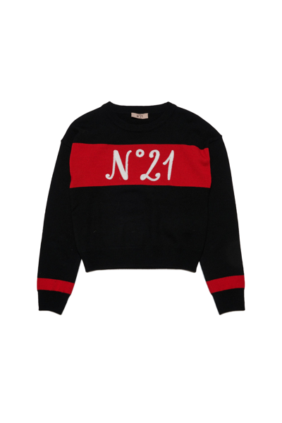 Shop N°21 Wool-blend Knit Sweater With Colorblock Details And Logo In Black