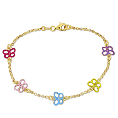 Shop Amour Multi-color Butterfly Enamel Charm Bracelet In Yellow Plated Sterling Silver