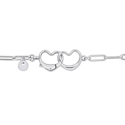 Shop Amour Paper Clip Link Bracelet In Sterling Silver With Double Heart Clasp In White