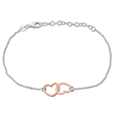 Amour Double Heart Charm Chain Bracelet In Two-tone White And Rose Plated Sterling Silver In Two-tone