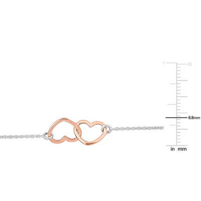 Amour Double Heart Charm Chain Bracelet In Two-tone White And Rose Plated Sterling Silver In Two-tone