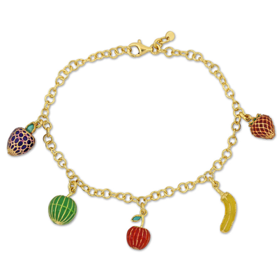 Shop Amour Five Fruit Enamel Charm Bracelet In Yellow Plated Sterling Silver