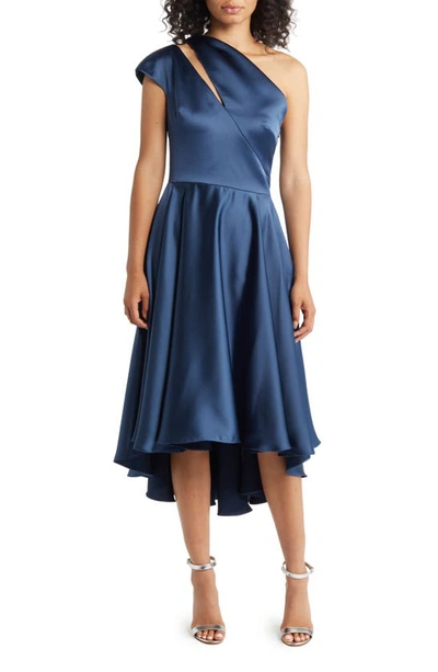Shop Amsale One-shoulder High-low Satin Cocktail Dress In French Blue