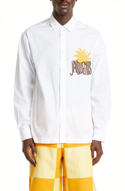 Shop Jacquemus Le Chemise Baou Sun Embroidered Logo Button-up Shirt In White/ Yellow Sun