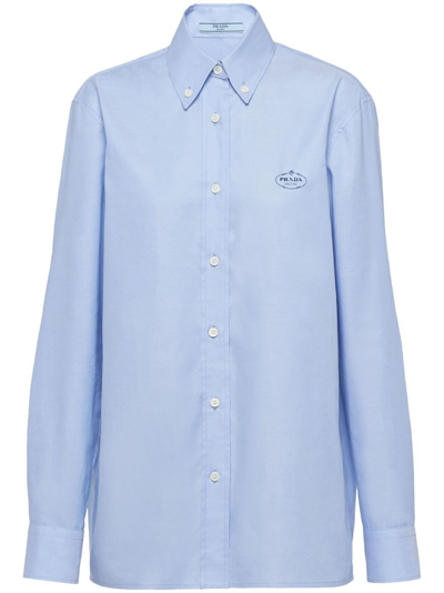 Shop Prada Blue Cotton Logo Print Shirt