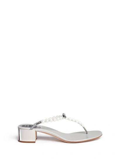 René Caovilla Faux Pearl Crystal T-strap Sandals In Grey
