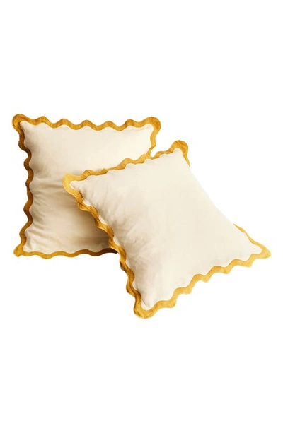 Shop Bed Threads Set Of 2 Scalloped Linen Euro Pillowcases In Yellow Tones