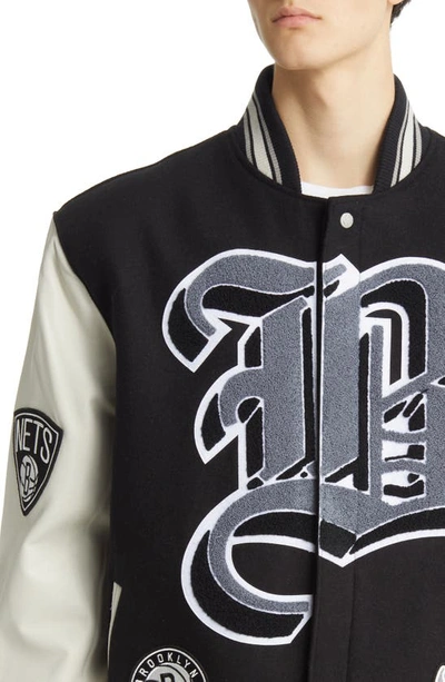 Shop Jeff Hamilton Brooklyn Nets Block Letter Wool Blend Varsity Jacket In Black
