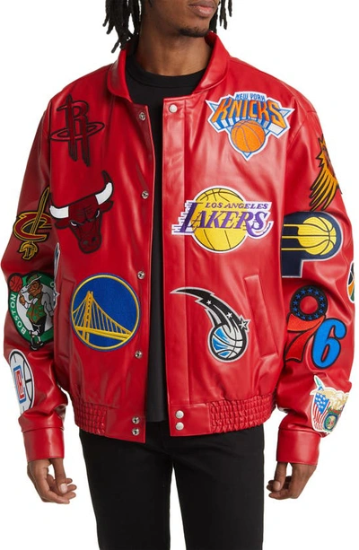 Shop Jeff Hamilton Nba Collage Faux Leather Jacket In Red