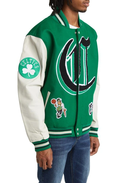 Shop Jeff Hamilton Boston Celtics Block Letter Wool Blend Varsity Jacket In Green