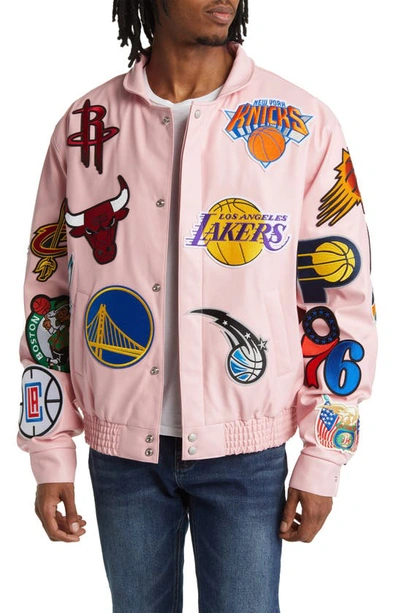 Shop Jeff Hamilton Nba Collage Faux Leather Jacket In Pink