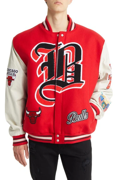 Shop Jeff Hamilton Chicago Bulls Block Letter Wool Blend Varsity Jacket In Red