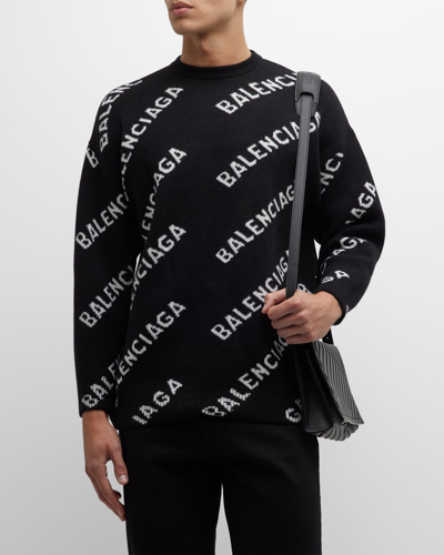 Shop Balenciaga Wool Logo Long-sleeve Crewneck Sweater In 1070 Black/white