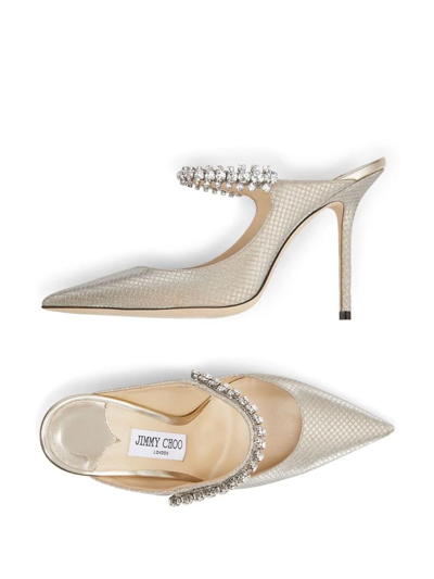 Shop Jimmy Choo Bing Mules With Snakeskin Effect 100mm In Nude &amp; Neutrals