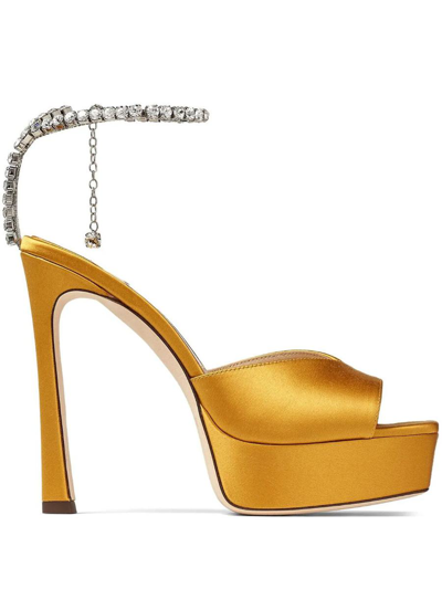 Shop Jimmy Choo Saeda Sandals With Crystal Decoration 125mm In Yellow &amp; Orange