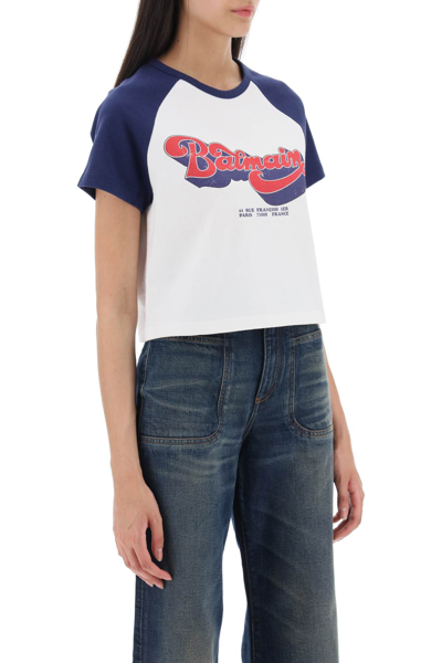 Shop Balmain Cropped T-shirt With 70s Print In Creme Bleu Marine Rouge Vif (white)