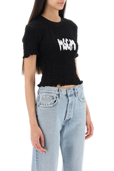Shop Msgm Smocked T-shirt With Logo Print In Nero (black)