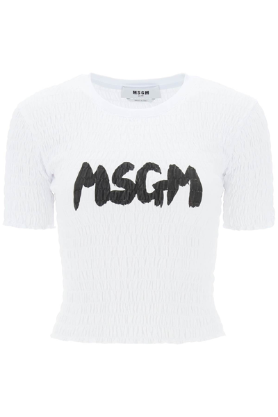 Shop Msgm Smocked T-shirt With Logo Print In Optical White (white)