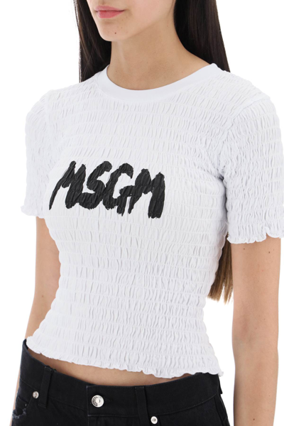 Shop Msgm Smocked T-shirt With Logo Print In Optical White (white)