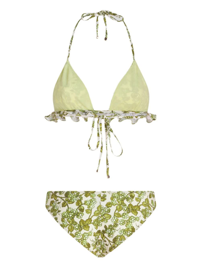 Shop Etro Triangle Bikini With Ruffles And Green Berries Pattern In Verde