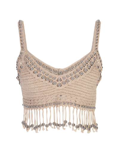 Shop Rabanne Beige Crochet Top With Pearls In Marrone