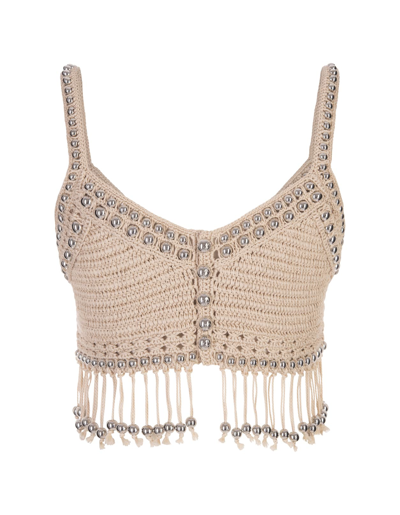 Shop Rabanne Beige Crochet Top With Pearls In Marrone