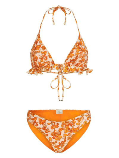 Shop Etro Triangle Bikini With Ruffles And Orange Berries Pattern In Arancione