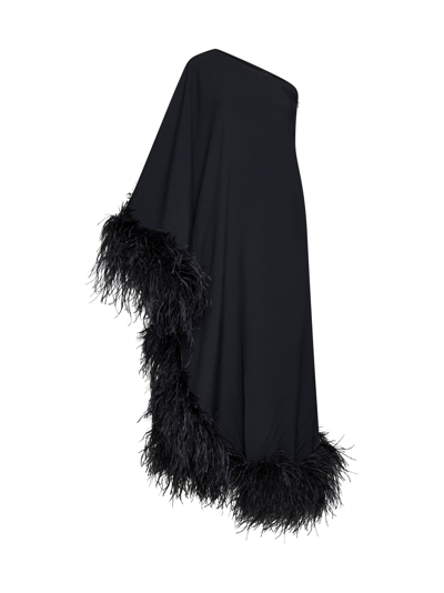 Taller Marmo Ubud One-shoulder Feather-trimmed Crepe Maxi Dress In Black