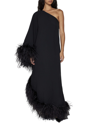 Taller Marmo Ubud One-shoulder Feather-trimmed Crepe Maxi Dress In Black