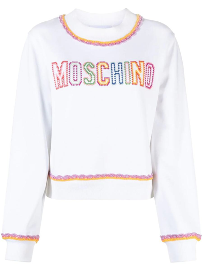 Shop Moschino Sweatshirt With Macramé Border In White