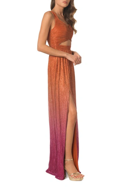 Shop Dress The Population Meredith Metallic Ombré Cutout Plissé Gown In Orange Multi