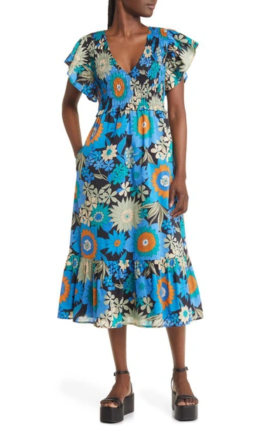 Shop Rails Clementine Floral Smocked Cotton Dress In Azul Wildflower