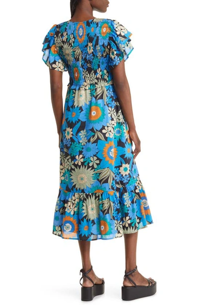 Shop Rails Clementine Floral Smocked Cotton Dress In Azul Wildflower