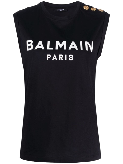 Shop Balmain Black Tank Top With Logo Print In Nero