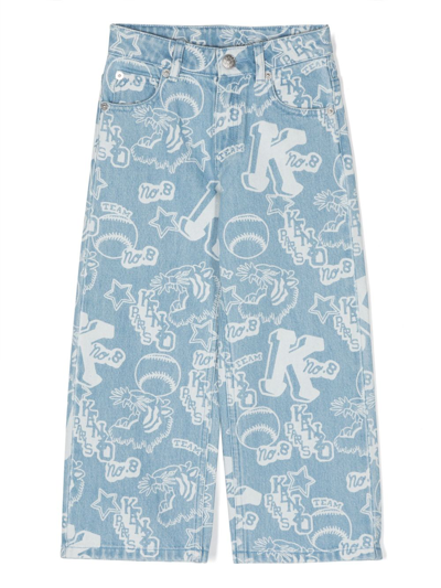 Shop Kenzo Logo-embroidered Wide-leg Jeans In Blue