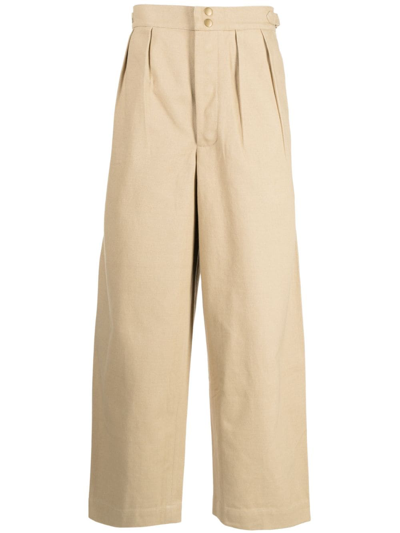 Shop Bode Pleat-detailing Cotton Trousers In Brown