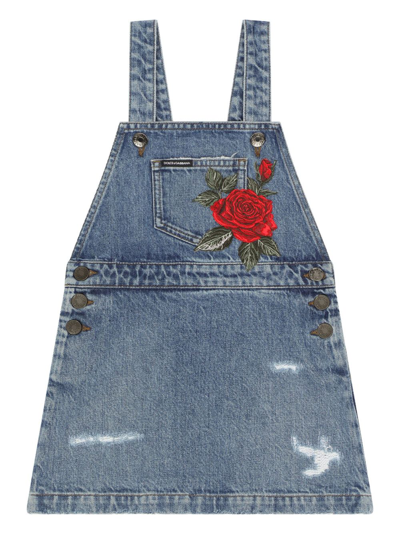 Shop Dolce & Gabbana Rose-embroidered Denim Pinafore Dress In Blue