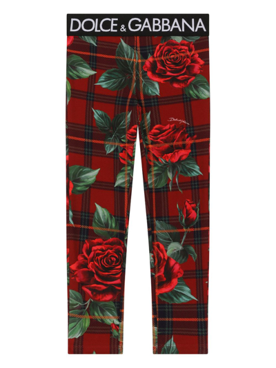 Shop Dolce & Gabbana Rose Tartan Print Leggings In Red