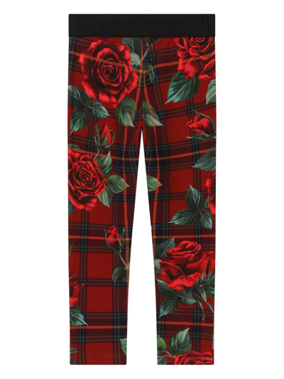 Shop Dolce & Gabbana Rose Tartan Print Leggings In Red