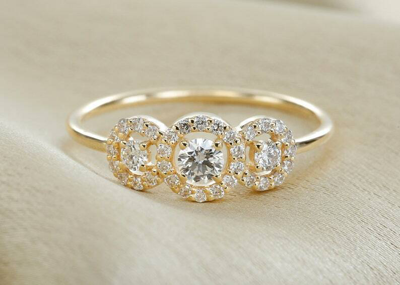 Pre-owned Handmade Three Stone Halo Setting Round Diamond Engagement Ring In 14k Yellow Gold / In White