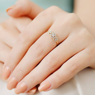 Pre-owned Handmade Three Stone Halo Setting Round Diamond Engagement Ring In 14k Yellow Gold / In White