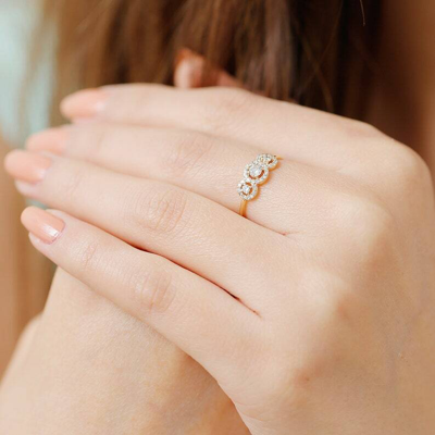 Pre-owned Handmade Three Stone Halo Setting Round Diamond Engagement Ring In 14k Yellow Gold / In White